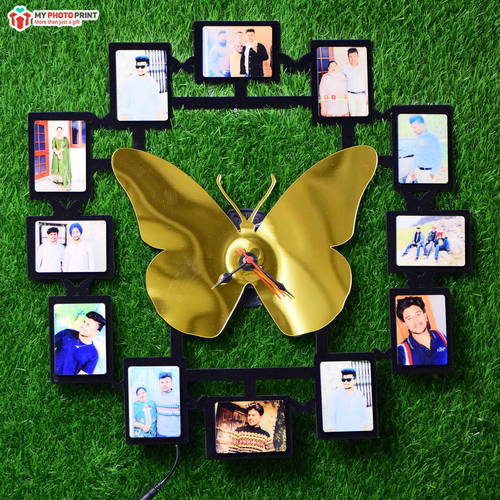 Personalized Wall Clock Butterfly Wooden Photo Clock With 12 Photos