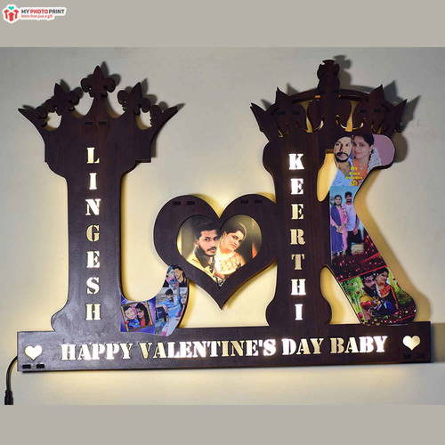 Customized Valentine Day Couple Photo Alphabet A To Z Wooden Name Board Multi Color Led And Remote