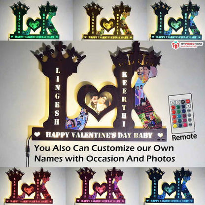 Customized Valentine Day Couple Photo Alphabet A To Z Wooden Name Board Multi Color Led And Remote