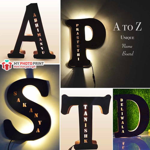 Customized A To Z Alphabet Wooden Name Board Without Crown Multicolor Led And Remote