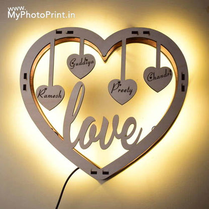 Customized Heart Family Wooden Wall Hanging With Led Light #2094