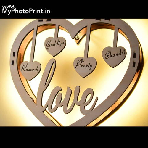 Customized Heart Family Wooden Wall Hanging With Led Light #2094