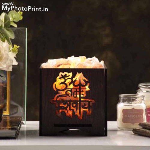 Om Namah Shivay Rectangle Plywood Himalayan Rock Salt Lamp Basket