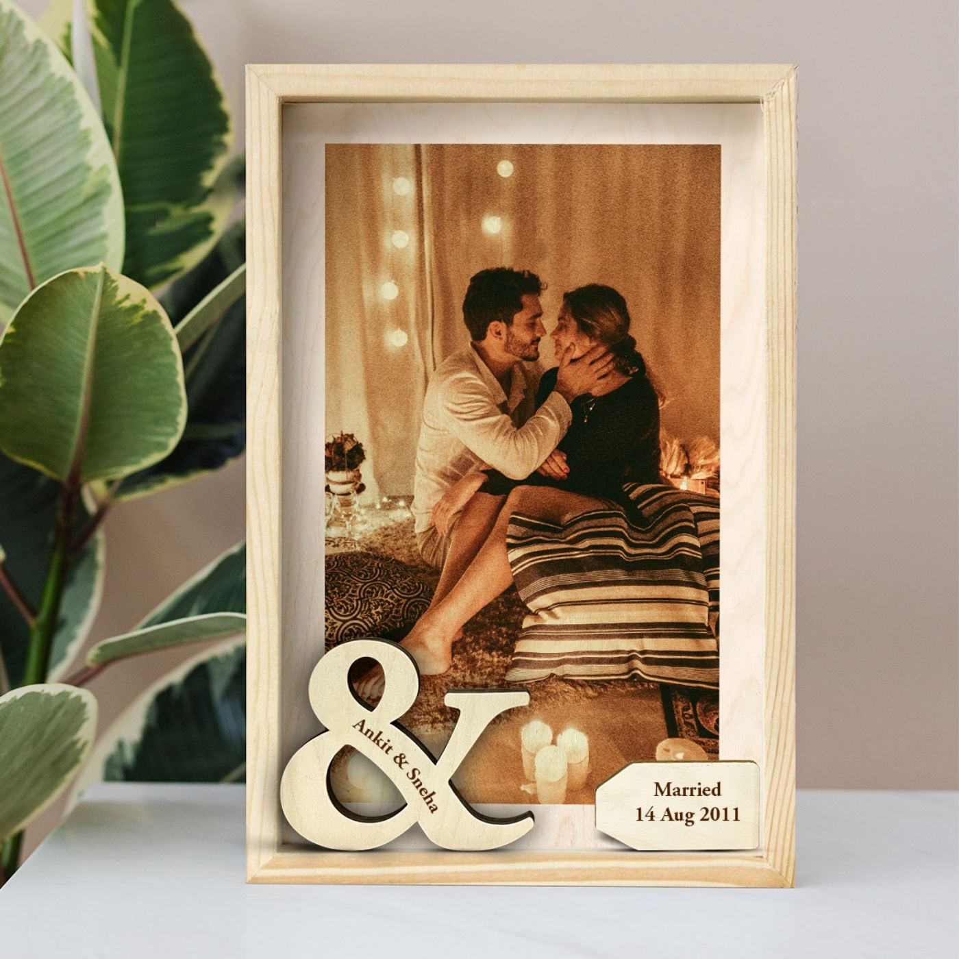 Personalized Wooden Photo Frame for Couples with Name & Wedding Date